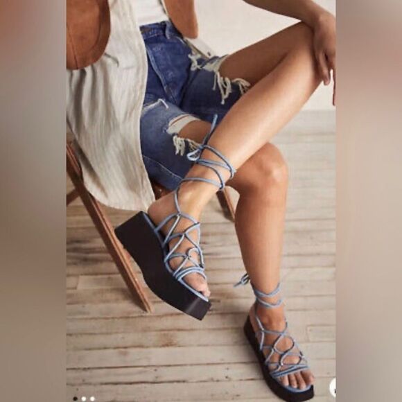 Free People Georgie Blue Wrap Gladiator Platform Open Toe Wedge Sandals Size 9 - Picture 1 of 16